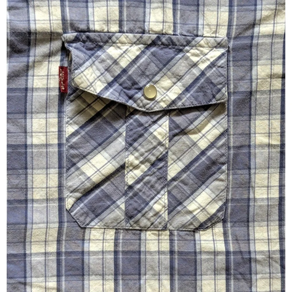 Levi's The Two Horse Brand Shirt Men's XL White Blue Plaid Tab Sleeve Pearl Snap